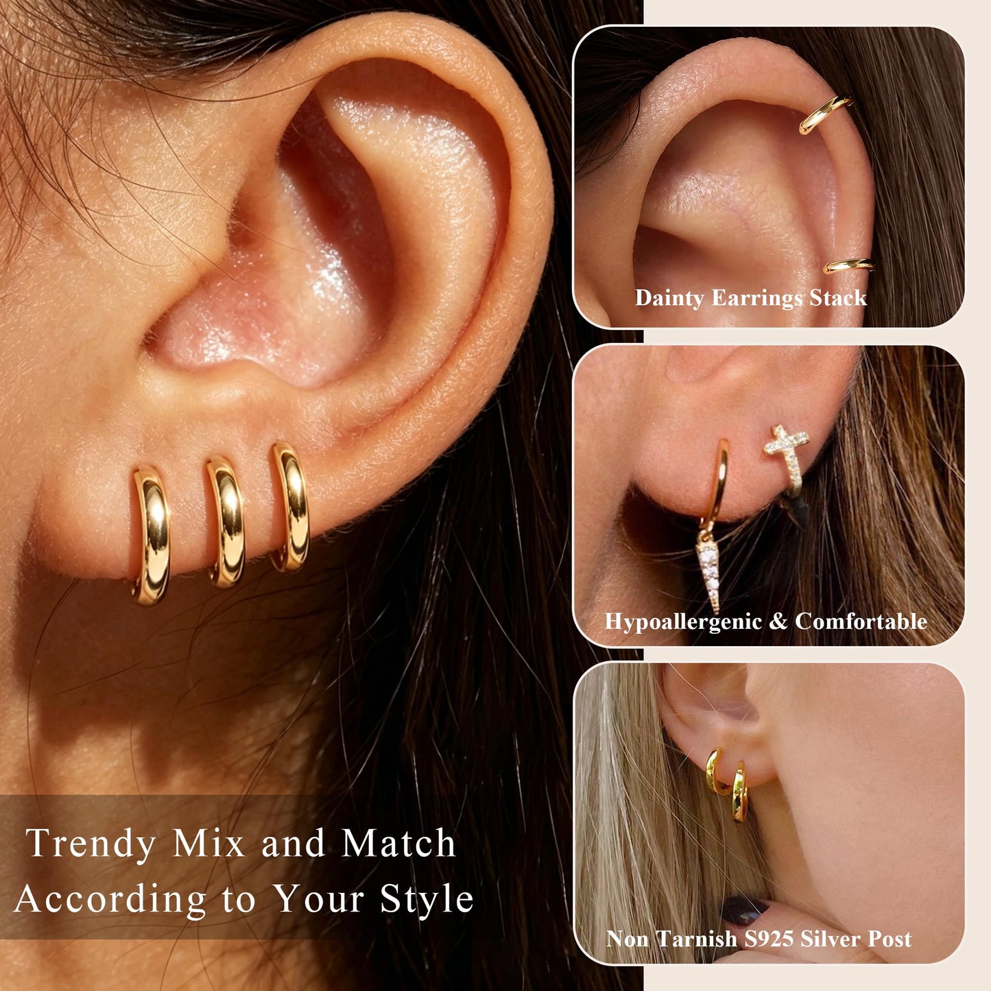 DORANA 14K Gold Plated Small Hoop Earrings for Women Gold Huggie Earrings Non Tarnish Small Hoops Stackable Earring Stacks Sets for Multiple Piercing