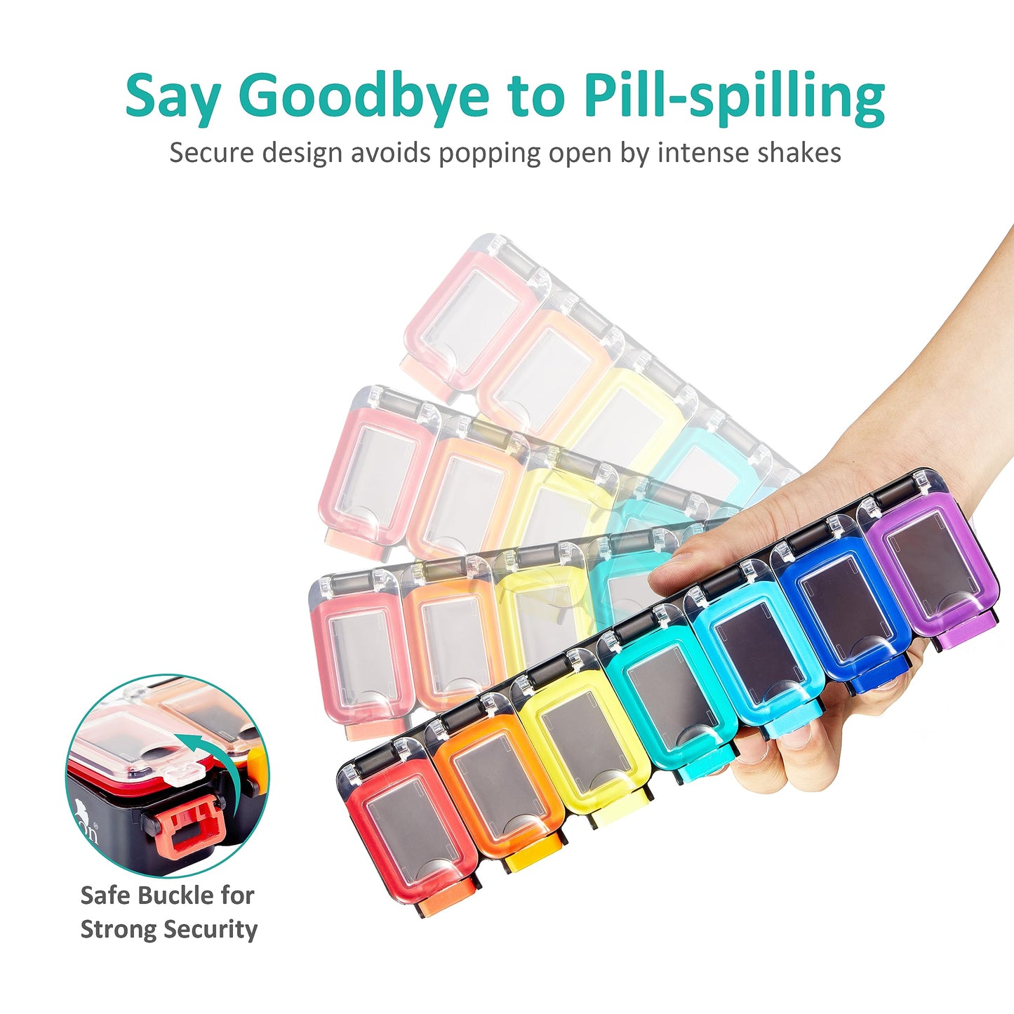 Fullicon Weekly Pill Organizer 7 Day Ultra Moisture and Spill Proof Daily Pill Box, Large Medicine Case with Secure Buckle, Compact Travel Pill Container for Pill, Vitamin, & Fish Oil (Rainbow Black)