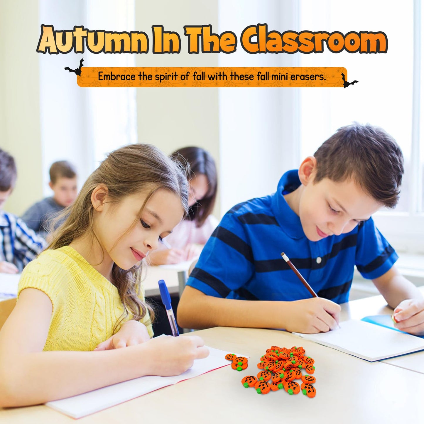 4E's Novelty Mini Pumpkin Erasers Bulk 144 pcs - Fall Halloween Erasers for Kids Bulk, for School, Classroom Reward Prize, Trick or Treat, Trick or Treat Halloween Non Candy Treats