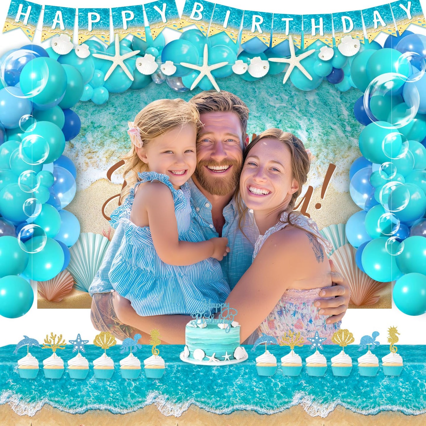 Beach Birthday Party Decorations, Ocean Waves Birthday Supplies - Under the Sea Balloons, Ocean Backdrop, Beach Tablecloth, Bubble Garland, Seashell Banner, Sea Creatures Cake Toppers