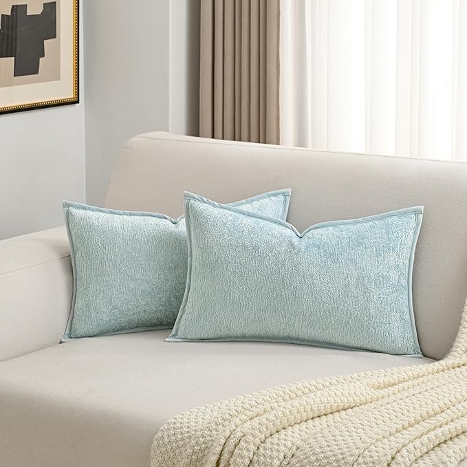FUTEI Light Blue Chenille Throw Pillow Covers 12x20 Inch Set of 2,Soft Cozy Bound Edge Design Lumbar Pillow Cases,Home Decor for Couch Bed Living Room