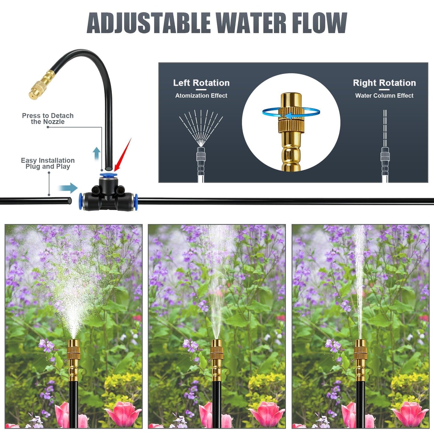 50ft Drip Irrigation System, Automatic Garden Watering System with 16 Adjustable Sprinkler Nozzles, Irrigation Hose Kit for Yard, Lawn, Plants, Atomizing System