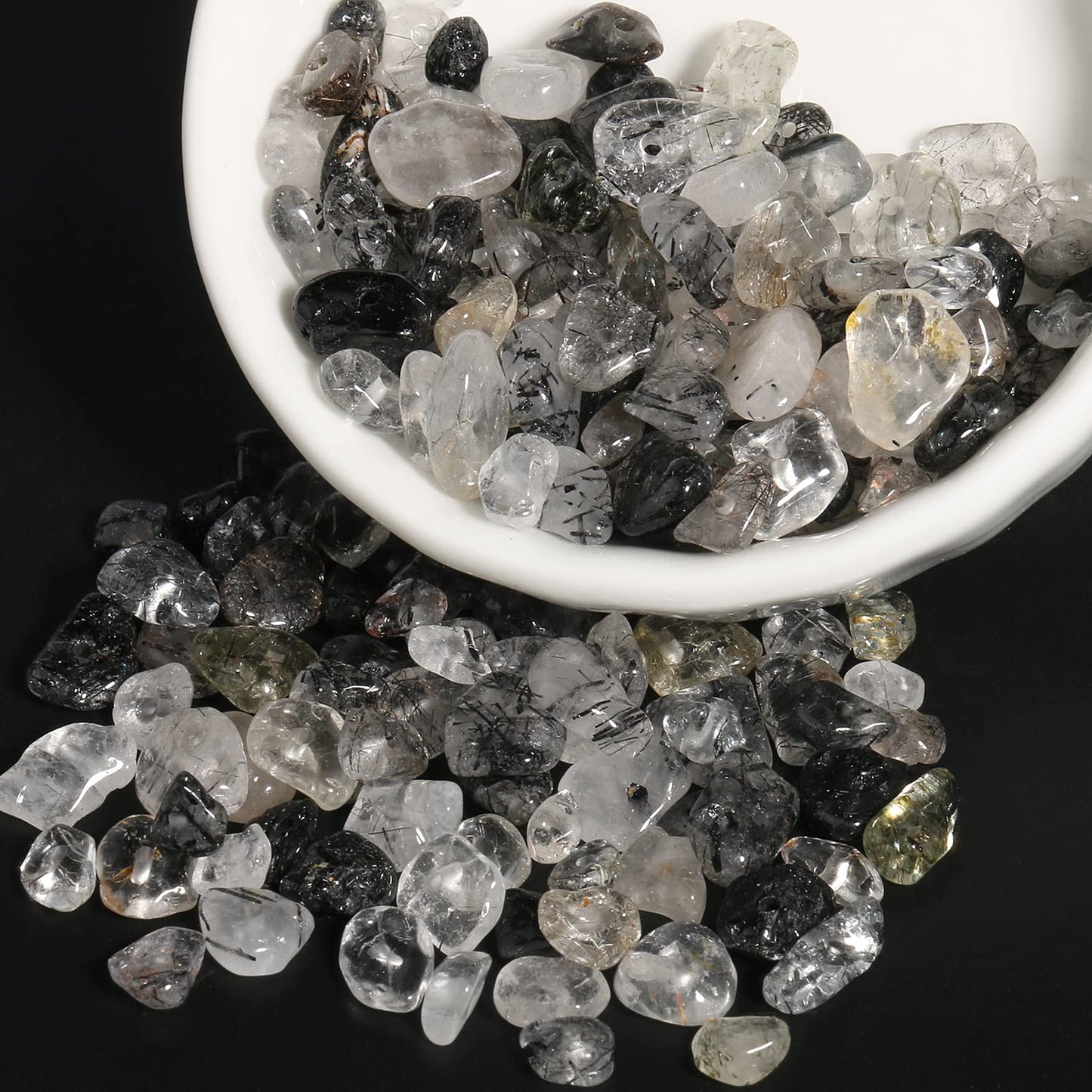 30in Black Rutilated Quartz Natural Chip Stone Beads 5-8mm About 230pcs, Irregular Drilled Transparent Black Bead for Bracelets Jewelry Making Supplies for Adults, DIY Crafts.