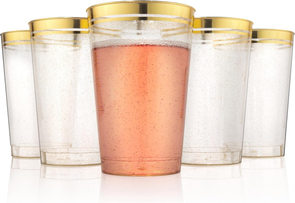 Perfect Settings 100 Premium 12oz Hard Plastic Cups Clear Glitter Gold Plastic Double Colored Rimmed Cups Fancy Disposable Wedding Cups Elegant Party Cups with Twin Colored Rim (Glitter Gold Rim, 12)