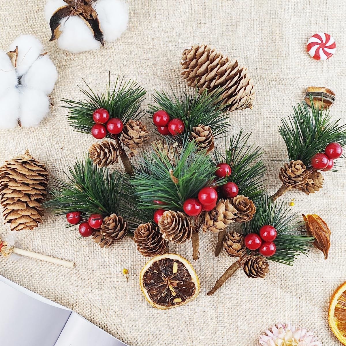 TIHOOD 25PCS Artificial Pine Picks, Pine Needles Branches with Red Berry Stems, Small Fake Berries Pinecones Branches for Crafts Christmas Tree DIY Garland Holiday Wreath