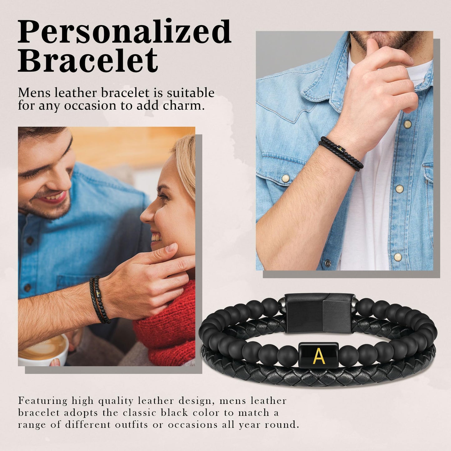 FOCOOG Mens Leather Bracelet with Initial - Black Matte Agate Bead Bracelet