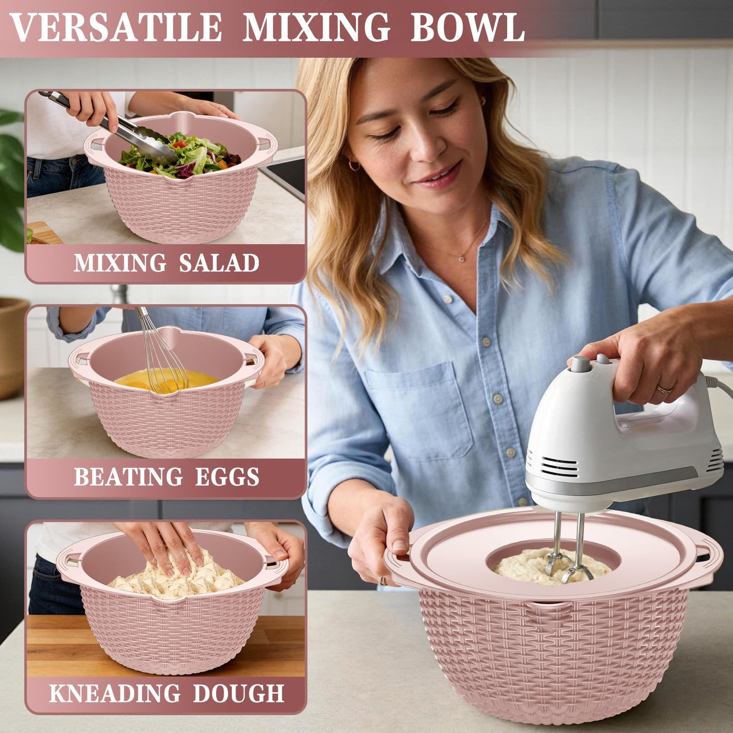 4-1 Strainer Bowl with Lid Set - Strainers and Colanders, Colander for Kitchen, Pasta Strainer, Fruit Cleaner, Veggie Wash, Funny Kitchen Present, Fruit Washing Bowl, Cooking Present for Women - Pink