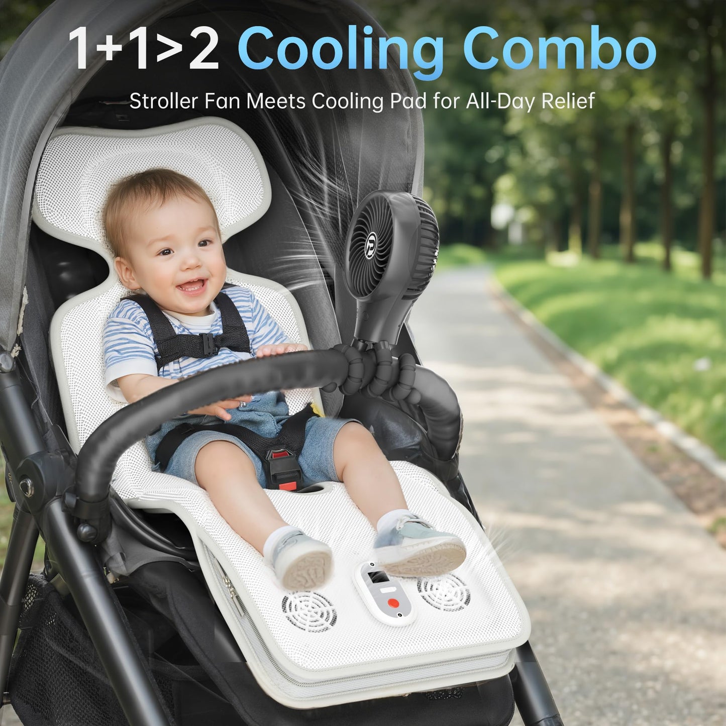 PANERGY Baby Stroller Cooling Pad, 3D Breathable Carseat Cooling Pad with 2 Built-in Blower, Max 10H Ventilation 3 Speeds 10000mAh Rechargeable Cooling Mat Liner for Toddler Baby Summer Essentials