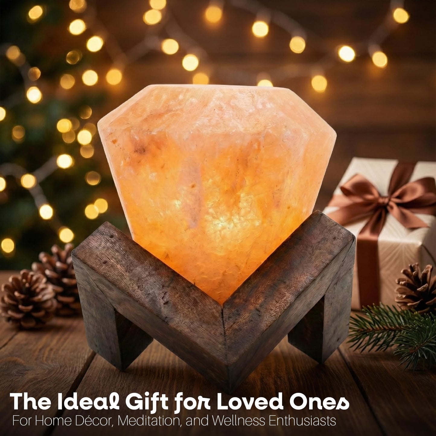 Himalayan Salt Lamp Diamond Shape – Hand-Carved Pink Rock Salt Light with Dimmer, Warm Mood Lighting for Bedroom, Home & Office – Wooden Base