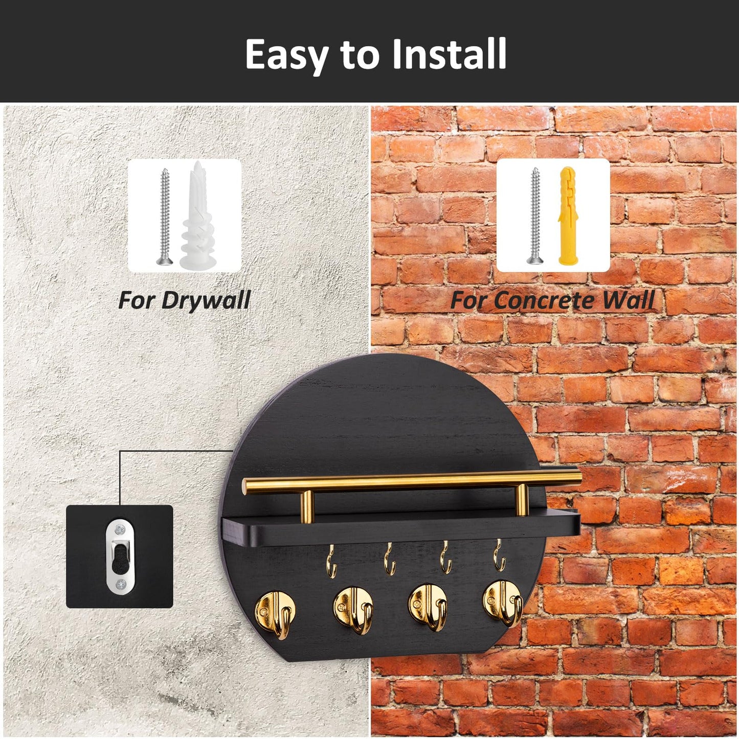 Nekon Key Holder for Wall - 9.8 Inch Apartment Wall Decor with Shelf and 8 Key Hooks, Circular Wood Key Hanger for Home Decor (Black with Golden Hooks)
