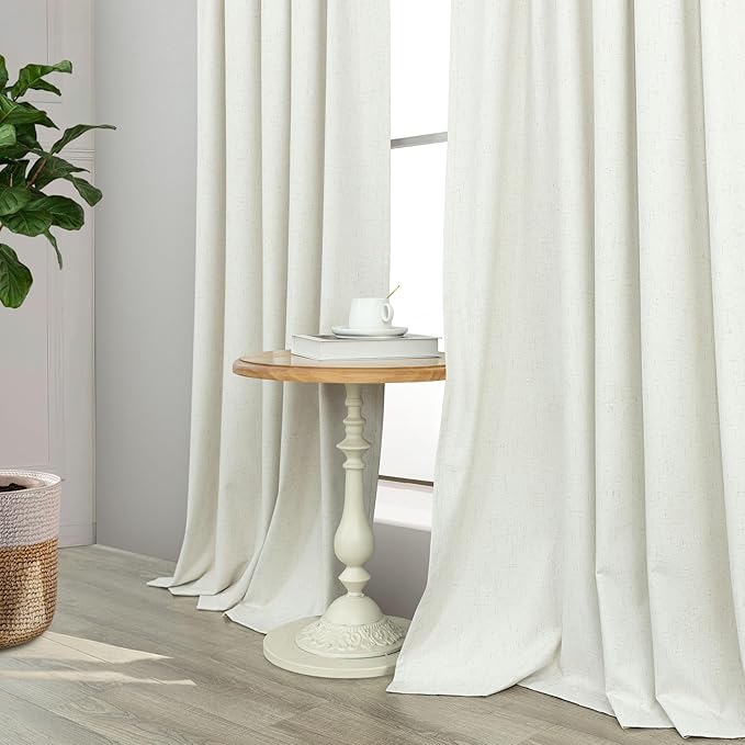 Living Room Curtains 84 Inches Long Faux Linen Darkening Curtain for Bedroom Boho Burlap Full Blackout Soundproof Thermal Insulated Drapes for Nursery Room Divider 52x84 Length 2 Panel Ivory Off White