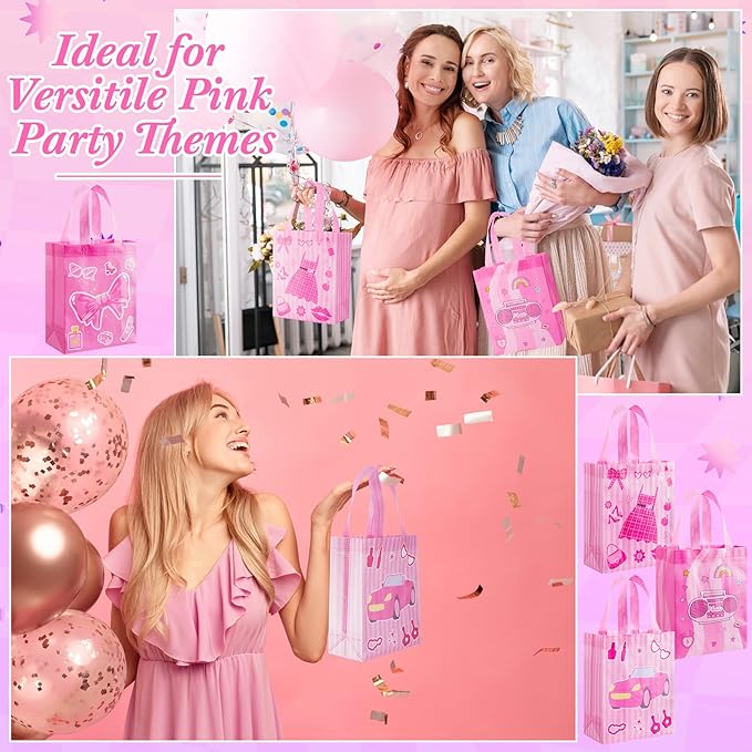 Wesnoy 48 Pcs Pink Gift Bags Bulk 10 x 8 x 4 Inch Princess Sweet Party Favors - Reusable Non Woven Hot Pink Goodie Bags Candy Treat Tote with Handles for Coquette Birthday Party Supplies