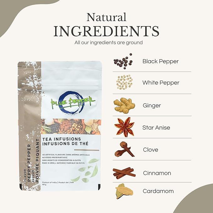 Blue Pepper Peppy Pepper Tea Infusion Blend 60g - Natural Caffeine-Free Herbal Tea Blend in Resealable Pouch | Bold and Spicy Flavor | Product of India