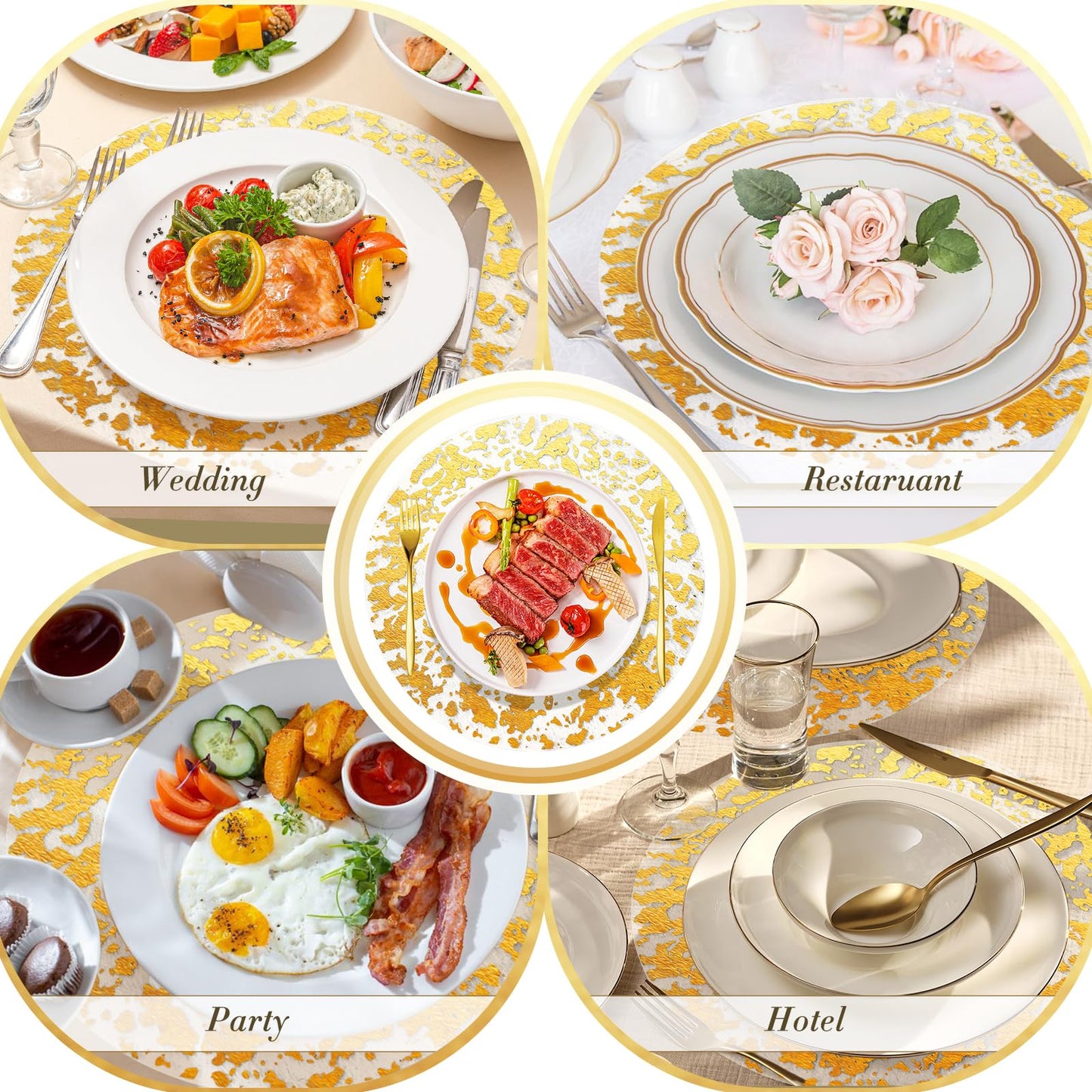 KesaPlan 100 PCS Disposable Gold Placemats Set, 13" Metallic Round Doilies for Tables, Gold Foil Mesh Pressed String Table Mats, Thin Mesh Decorative Doilies for Wedding, Holiday, Party, Christmas