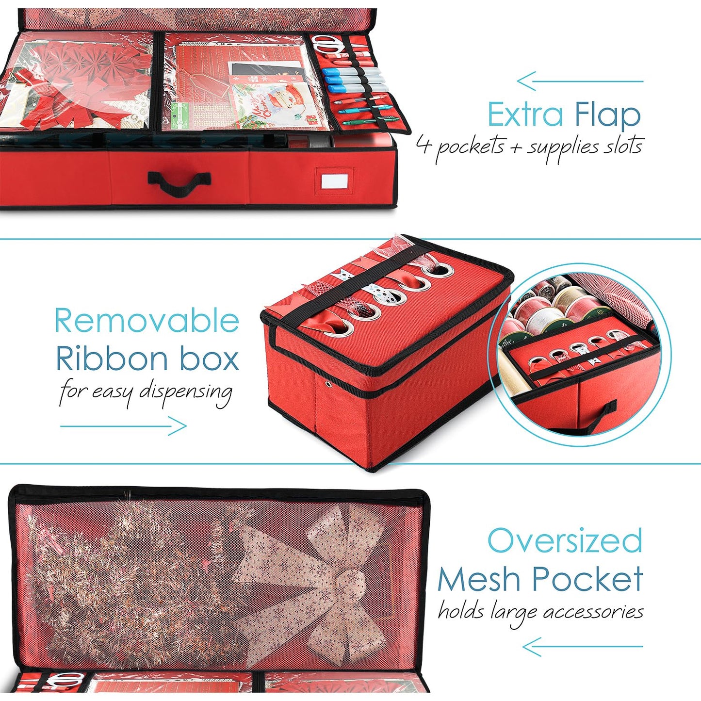 Hearth & Harbor Wrapping Paper Storage Container - Christmas Storage Bag with Ribbon Dispenser and Interior Pockets - Gift Wrap Organizer Fits Up to 26 Rolls of 40" Length, Red