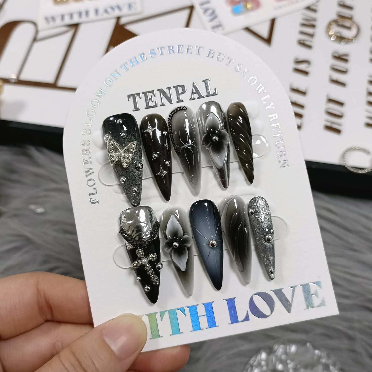 TENPAL 10Pcs Luxury Press On Nails Long Stiletto,Full Cover Crystal Glitter Fake Nail Set with Tools,Reusable Bride Wedding Nails for Bridal Party Bachelorette,Statement Making Glamorous Nail(XS)
