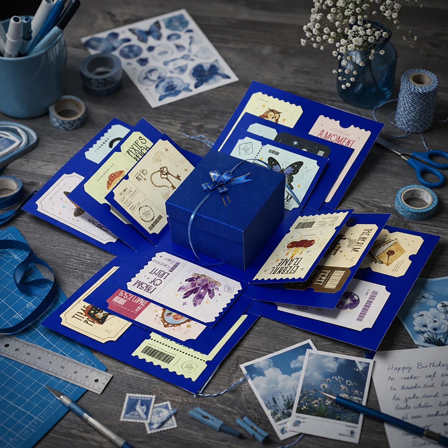 4-Layer Explosion Gift Box, 10''x10''x7'' Blue Glittery Creative Gift Boxes for Presents, DIY Surprise Gift Box Explosion for Birthday Valentine's Day Mother's Day and Anniversaries (Dark Blue)