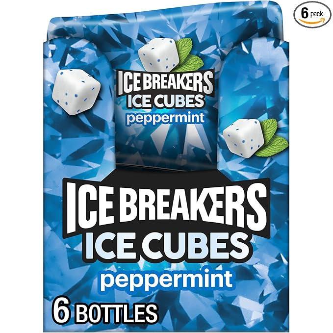 ICE BREAKERS Ice Cubes Peppermint Flavored Sugar Free Chewing Gum Bottles, 3.24 oz (6 Count, 40 Pieces)