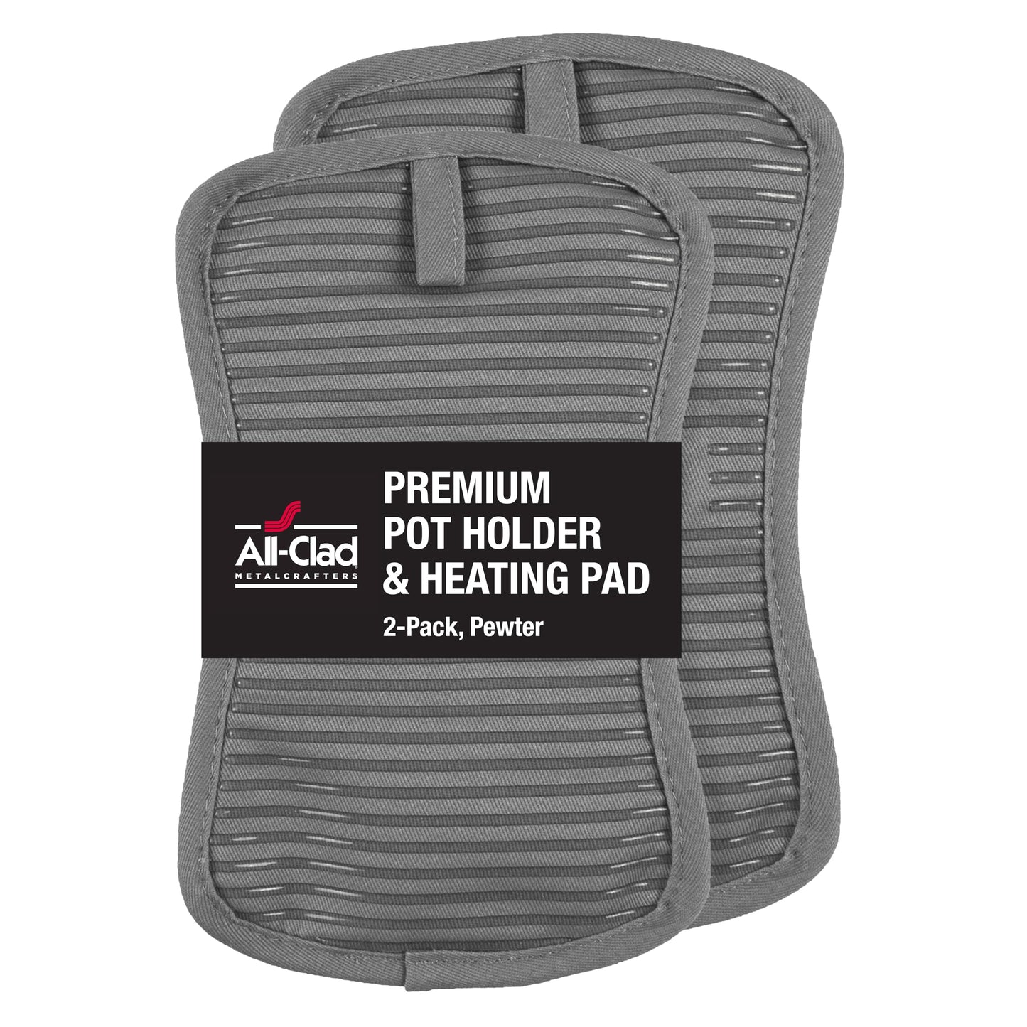 All-Clad Premium Pot Holder & Heating Pad, (2-Pack) Heat Resistant to 500 Degrees, 100% Cotton 10"x6.25" for Kitchen and Barbeque, Pewter
