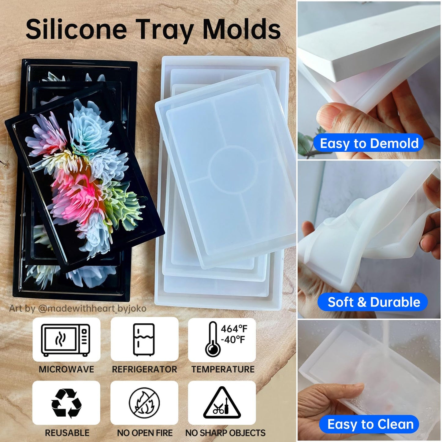 Midnadiy Durable Resin Tray Molds, 3 Pcs Silicone Tray Molds for Epoxy Concrete Trinket Tray Mold, Rectangle Resin Coaster Molds for DIY Jewelry Trinket Dish,Home Decor, DIY Gift