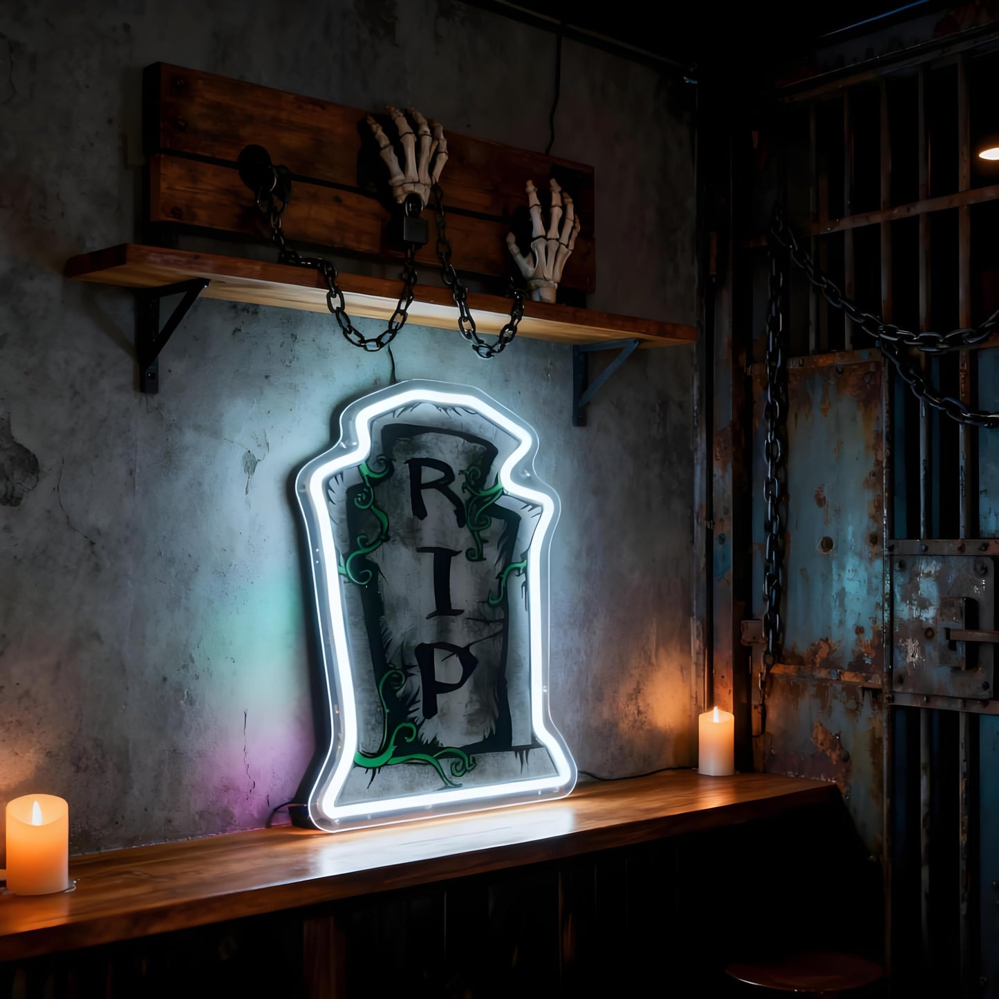 RIP Tombstone Shape LED Neon Sign - USB Powered Spooky Decor for Haunted House Party Bedroom, Halloween Neon Light Wall Table Accent, 13.97x 9.25 in