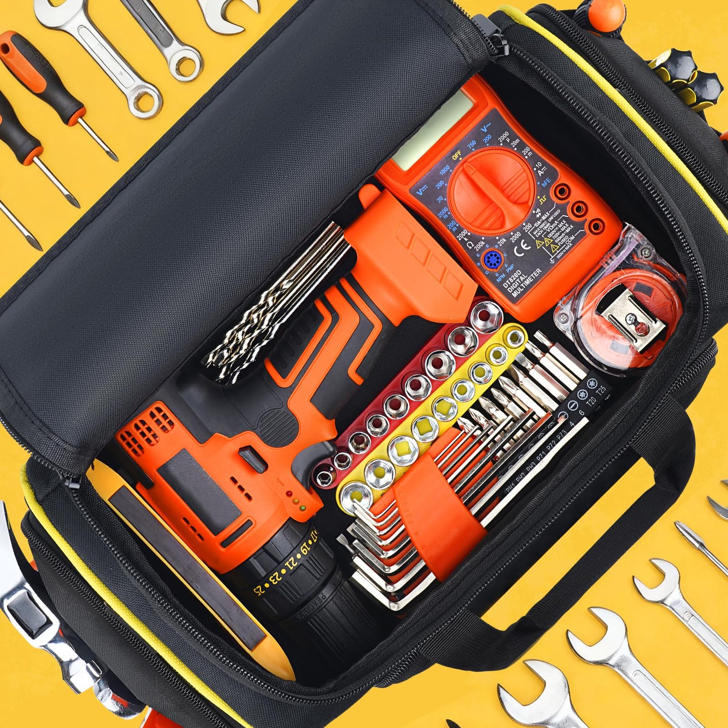 JJRING 2.0 Gen Tool Bag With 3 Removable Cases, Double Layers&Large Capacity Tool Tote, Multi-Pocket Organizer For Tools and Crafts, Durable And Water-Resistant(Yellow)