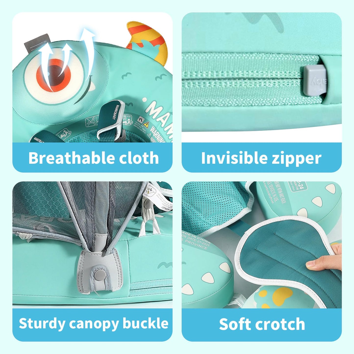 Mambobaby Float with Canopy Skin-Friendly Baby Swim Float with Tail Waterproof Non-Inflatable Mambo Float Smart Swim Trainer Soft Solid Infant Pool Float 3-24 Months Baby Swim Ring