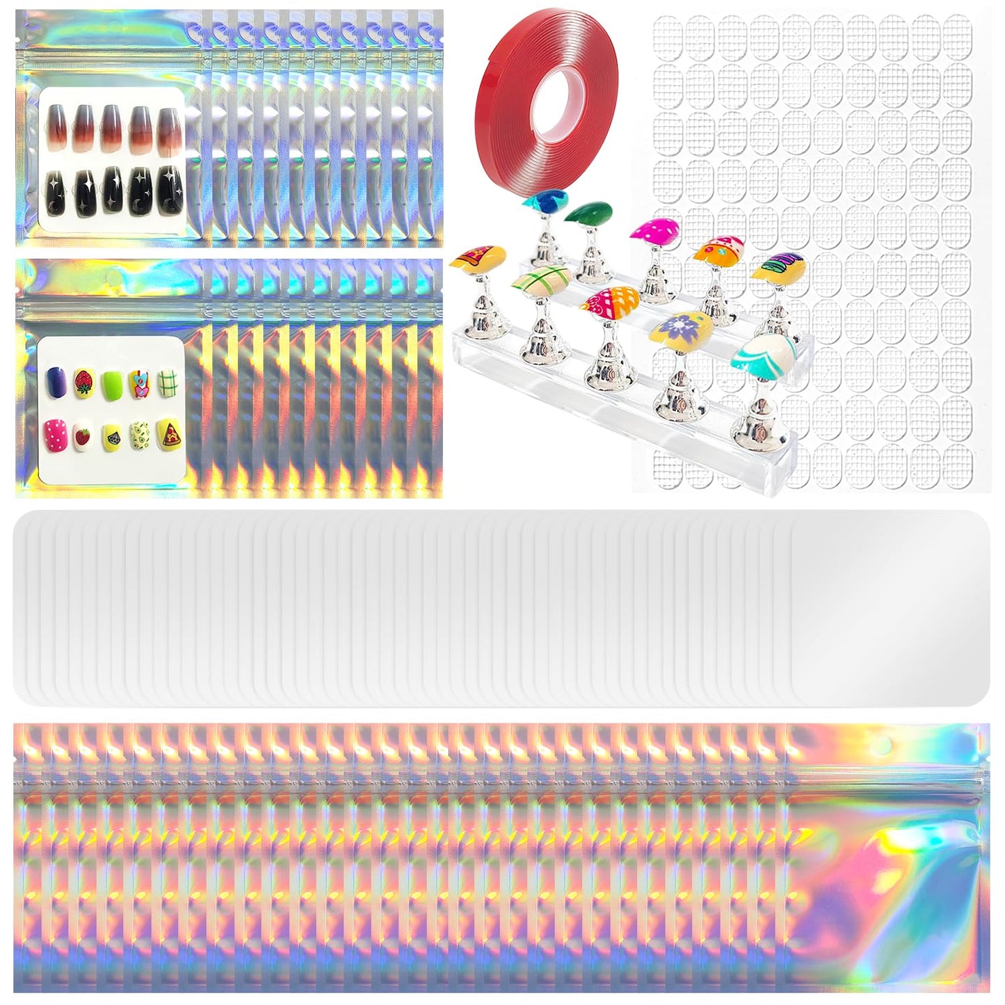 Press On Nail Packaging Kit, 50pcs Nail Display Cardboard, 50 Packaging Bag, 2pcs Display Stand, Adhesive Tab, Transparent Tape for Handmade Nails Business (50pcs white+nail stand)