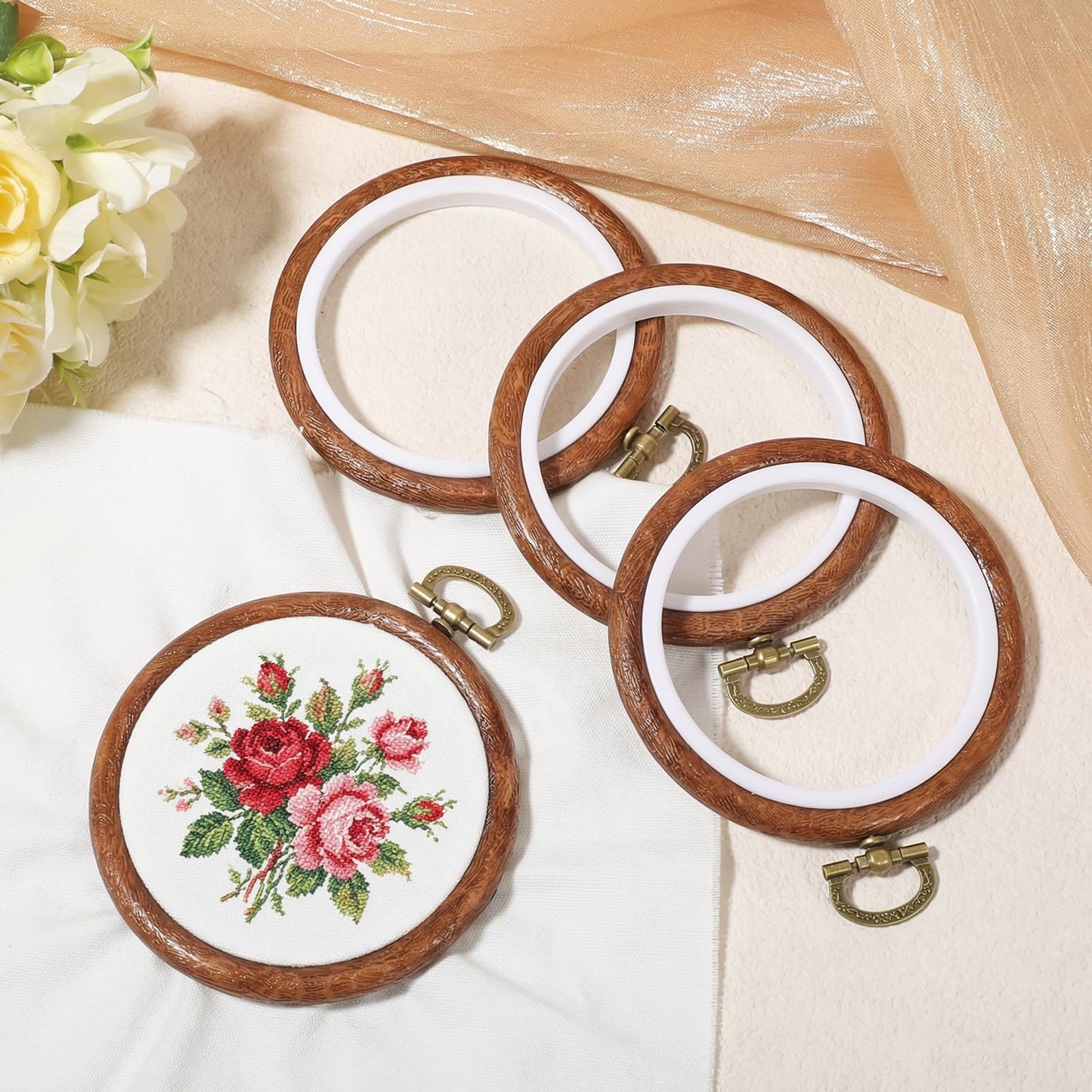 Kegeeei 18 Pcs 3 Inch Round Embroidery Hoops, Imitated Wood Cross Stitch Hoop Display Frame Circle for DIY Craft Sewing Hanging Ornaments