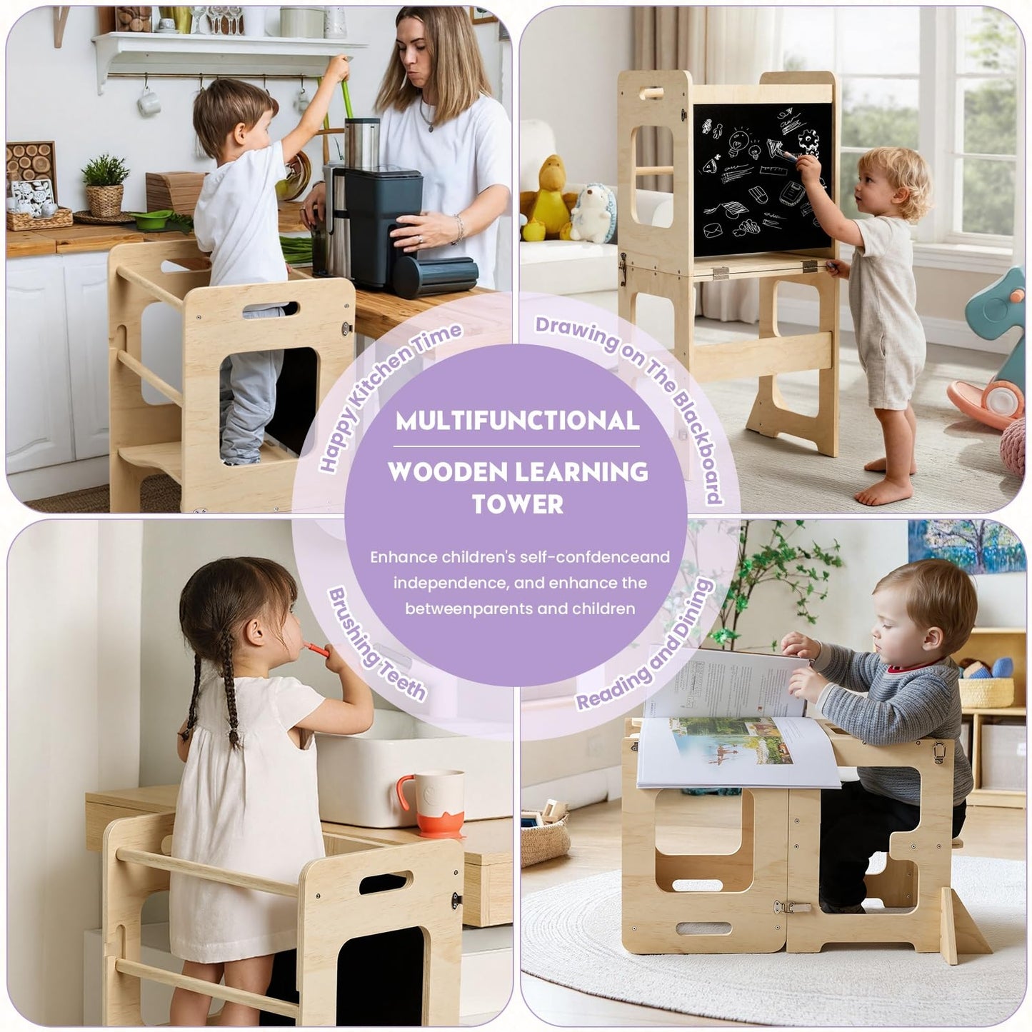 labebe Toddler Standing Tower for 12M+, Montessori Foldable Learning Standing Tower with Blackboard, Anti-tip Structure Design,Wooden Kitchen Step Helper Stool for 1-3 Year Old Boy Girl Gift