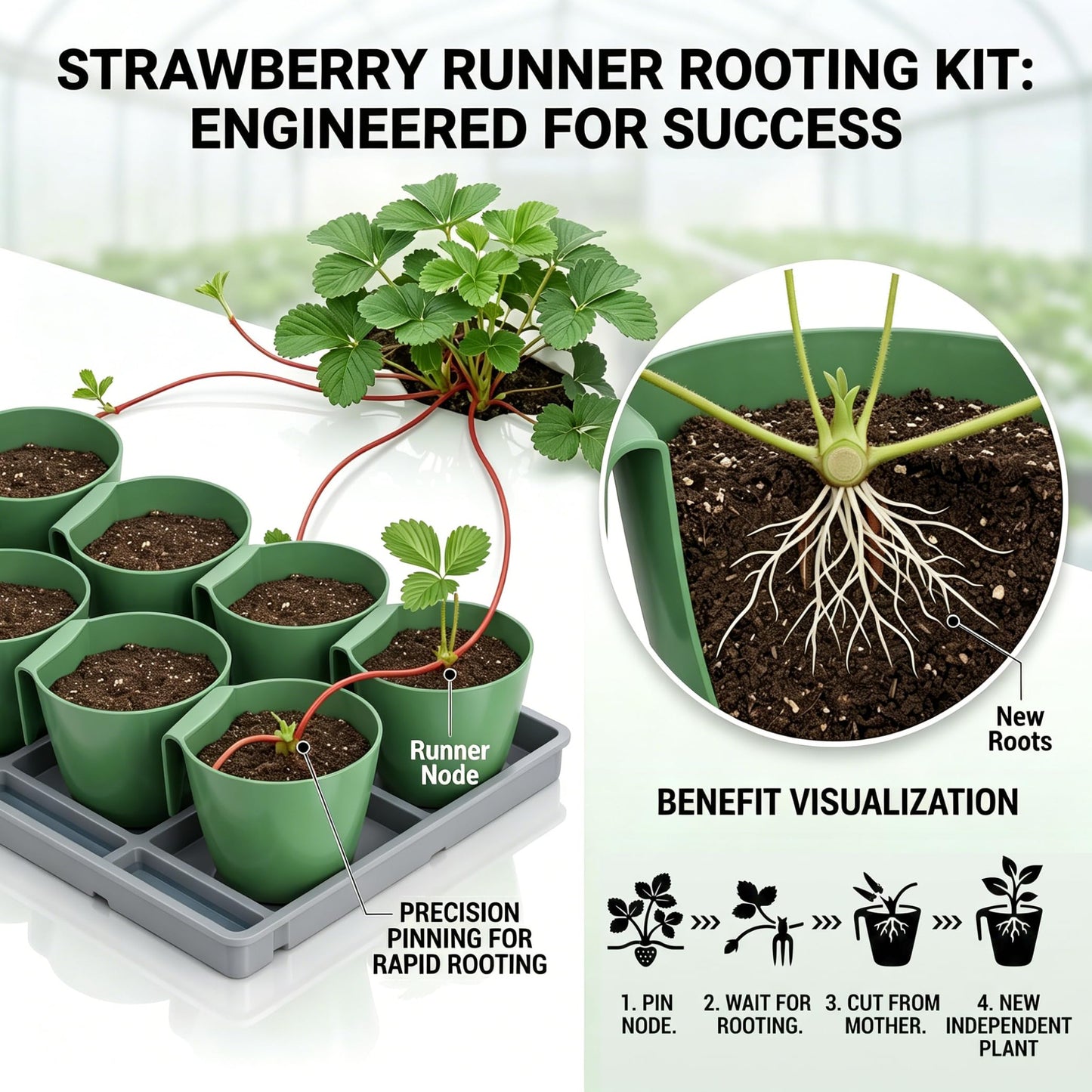 Xoeryoy Strawberry Propagation Cups, 20 Pack Large Plastic Plant Cups with 50 Runner Forks Breathable Pots for Berry Plant Rooting, Space-Saving Hanging Design, L