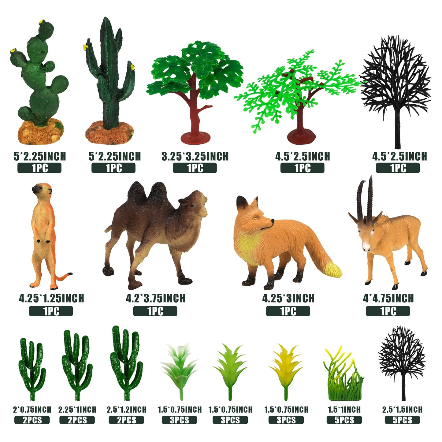 MOMOONNON 34pcs Desert Animal Figures Mixed Diorama Model Plants Artificial Animals with Camel Fox Meerkatz Gazelle for Crafts Building Model Desert Scenery Landscape Supplies