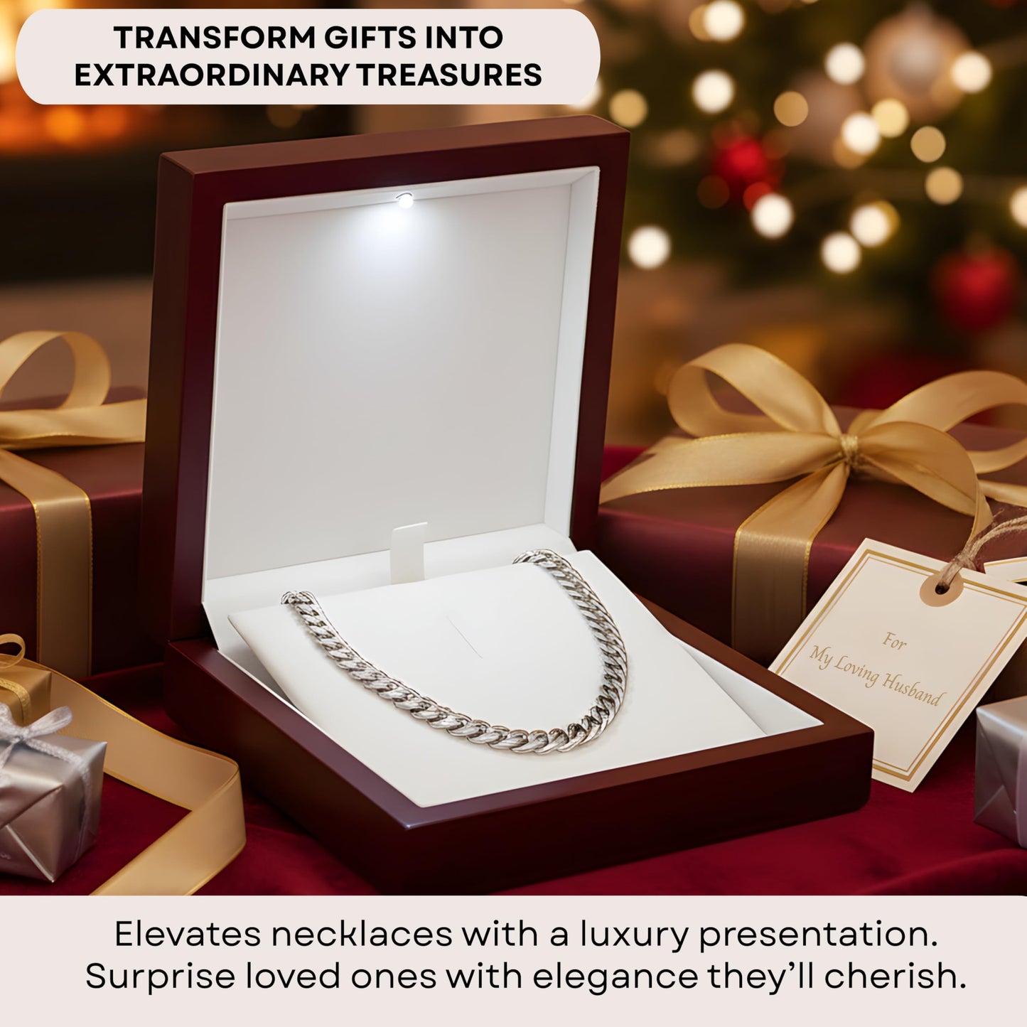 Necklace Box with LED Light – Small Jewelry Display Case for Bracelet, Earrings, or Chains – Luxury Lighted Wooden Presentation Box for Gifts, DIY Crafts (Mahogany White Interior, 5 X 5 Inch)