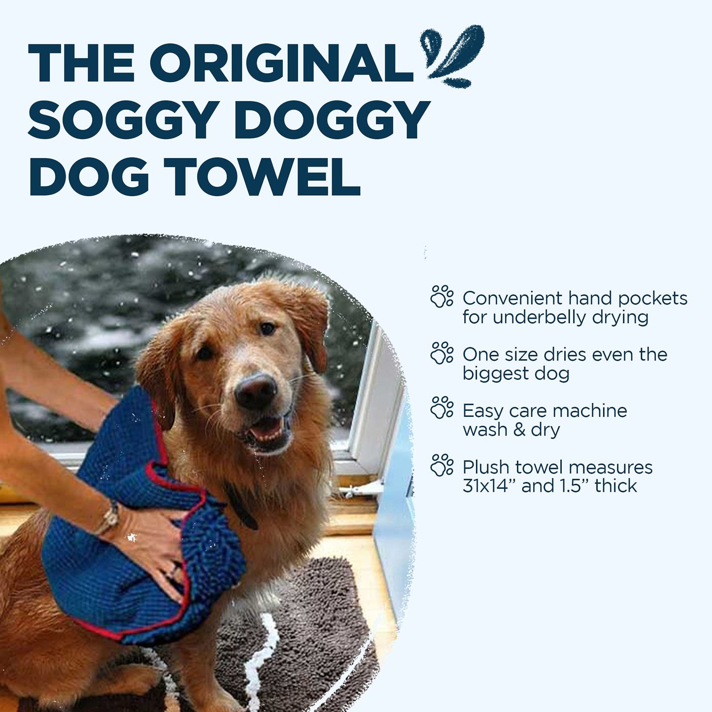 Soggy Doggy Super Shammy Dog Towel - Microfiber Chenille Towel for Drying Dogs and Cleaning Paws - Fast Drying with Hand Pockets for Ease (Blue/Red Trim, 31” x 14”)