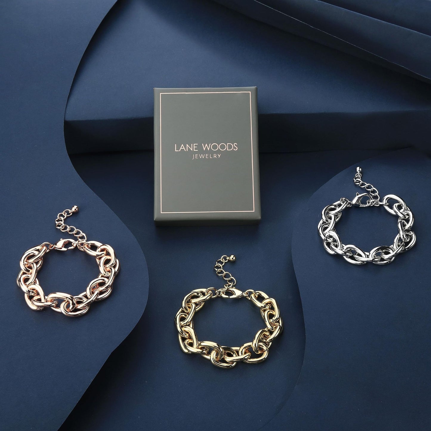 LANE WOODS Gold Bracelets for Women 14k Gold Plated Chunky Thick Large Link Chain Bracelet (Rose Gold)