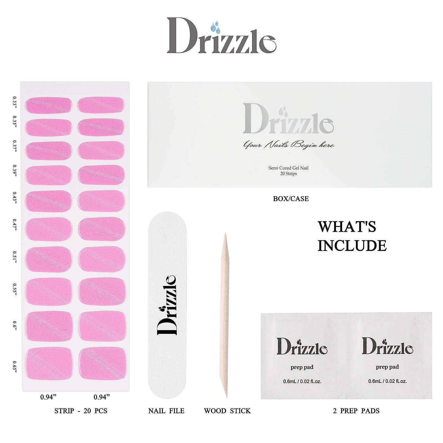 Drizzle Semi Cured Gel Nail Strips, Real Nail Polish Art Stickers (UV/LED Light Required), Glossy, Glitter, Solid Color, Full Nail Wraps - Long Lasting, Waterproof - Dress Up Decal