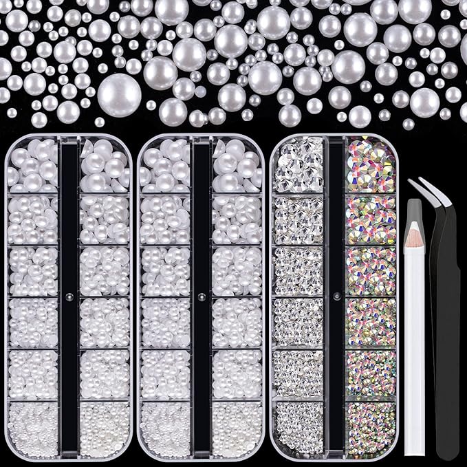 4000PCS Flatback Rhinestones and Half Round Pearls Kit #10, Multi Size Glass Clear & AB Crystals, Plastic Flat Back White Dome Bead with Pickup Pencil and Tweezer for Nail Art