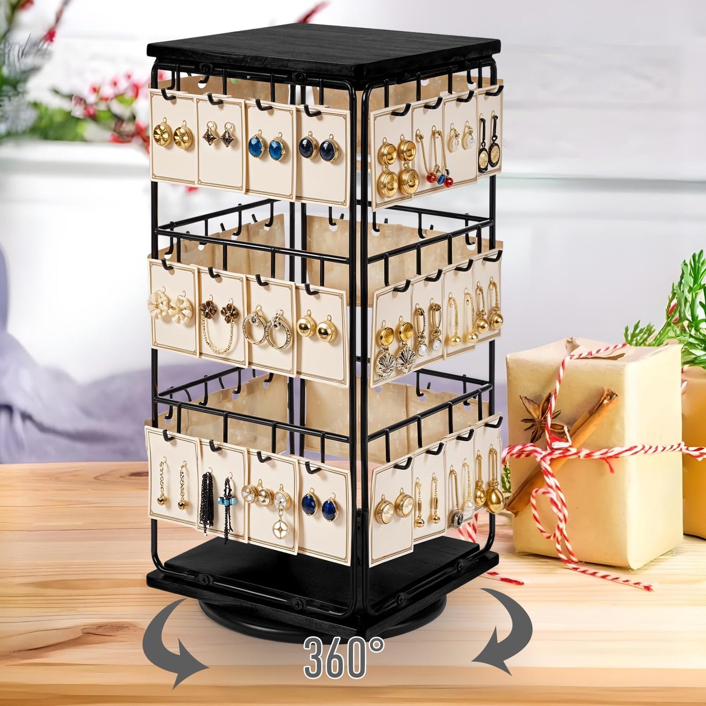360 Rotating Earring Display Holder Stand for Vendors Events Selling, Large Capacity 48 Hooks Jewelry Display Rack with Wooden Base for Earring Card Sales, Necklaces, Enhances Retail Visibility