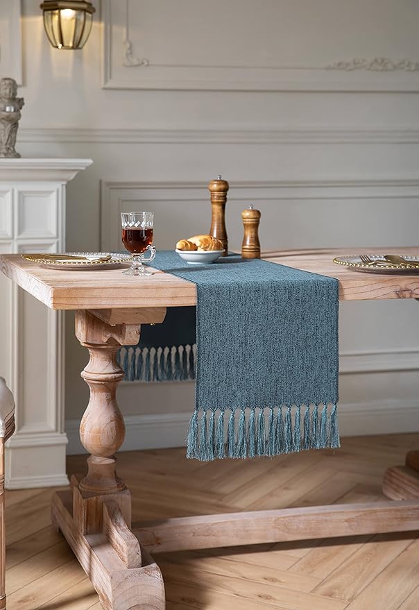 ZeeMart Blue Table Runners 90 Inches Long, Burlap Linen Style Rustic Farmhouse Table Runner, Long Boho Dining Table Runner, 13x90 Inches, Blue