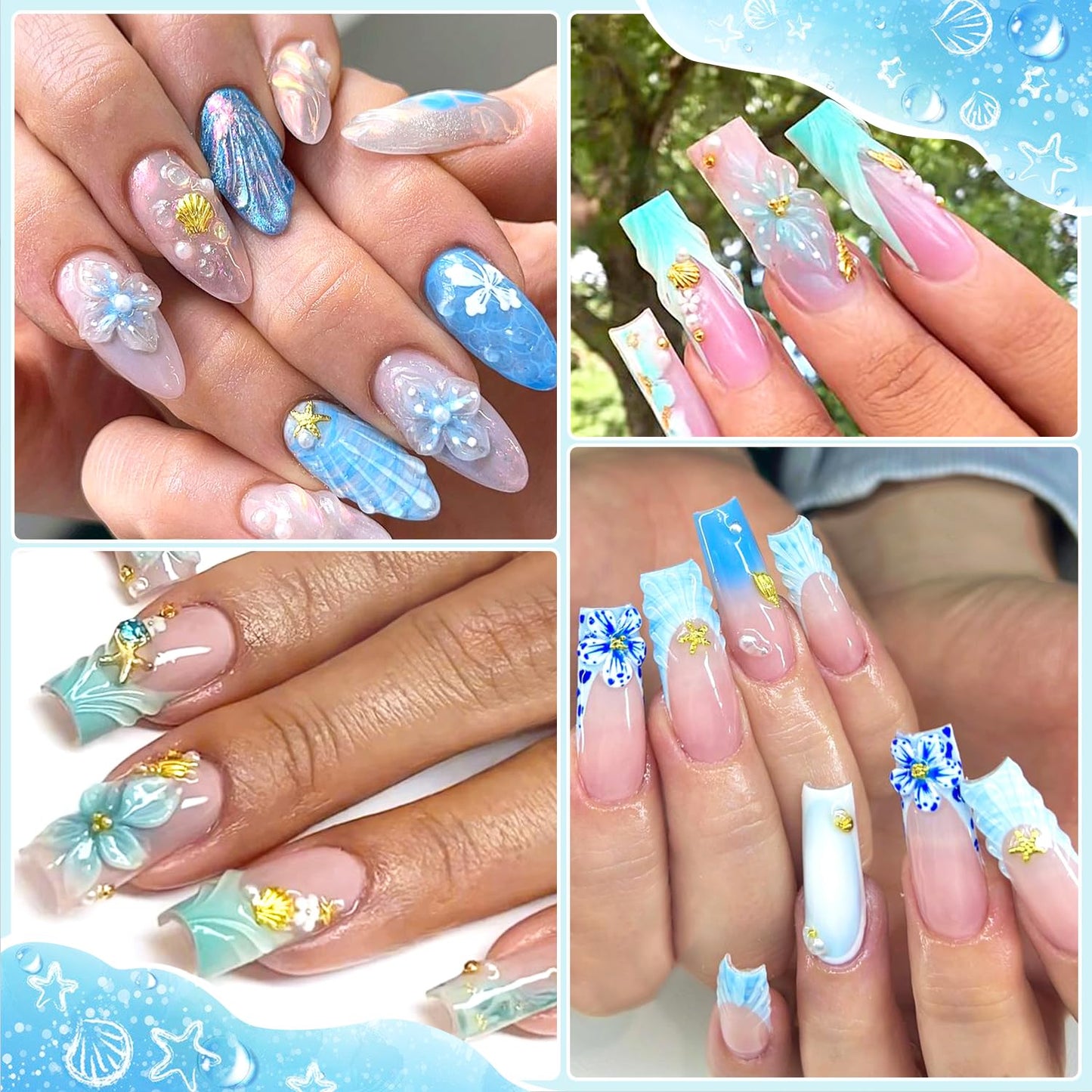 Furtherpretty 3D Beach Nail Charms, Gold Metal Starfish & Seashell Nail Charms,Tropical Ocean Nail Art Decorations, Summer Nail Accessories for DIY Manicure, Concha nácar para uñas