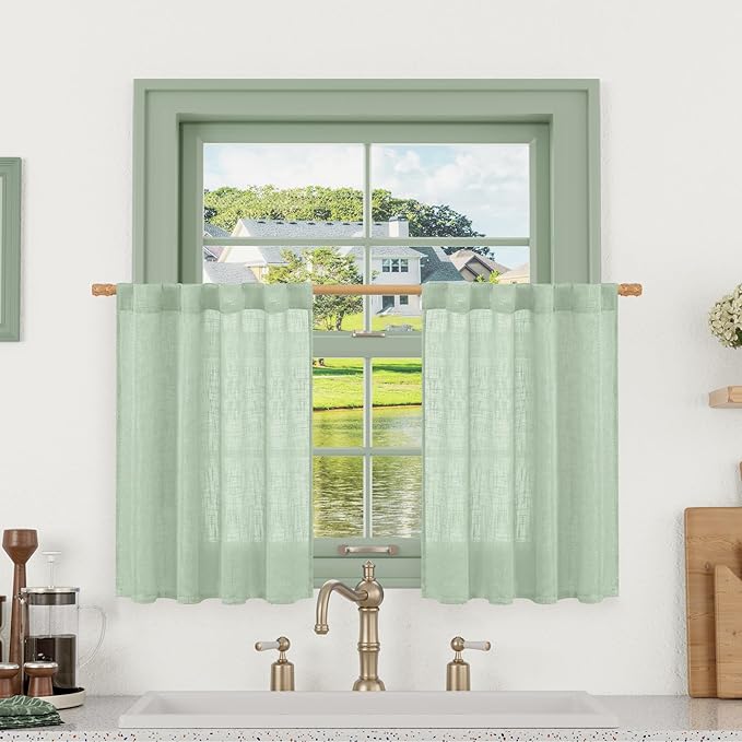 LAMIT 36 Inch Length Linen Curtains for Small Windows, Semi Sheer Light Filtering Panels Back Tab and Rod Pocket Neutral Drapes for Basement/Window/Loft Room, Fresh Green, 2 Panels, 34 x 36 Inch