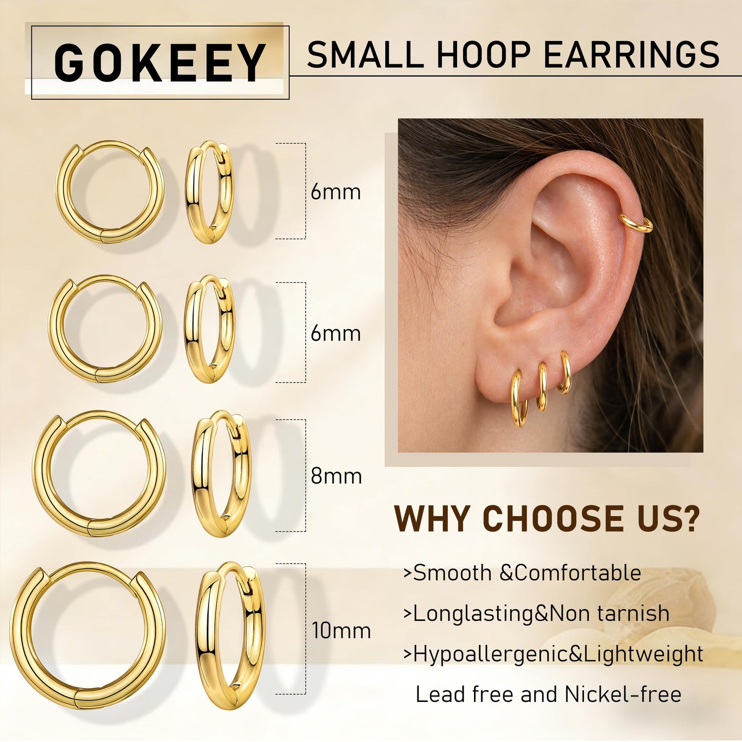 Gokeey Small Gold Hoop Huggie Earrings Set for Women Hypoallergenic Small Tiny Hoops Earrings, Trendy Gold Earrings for Women