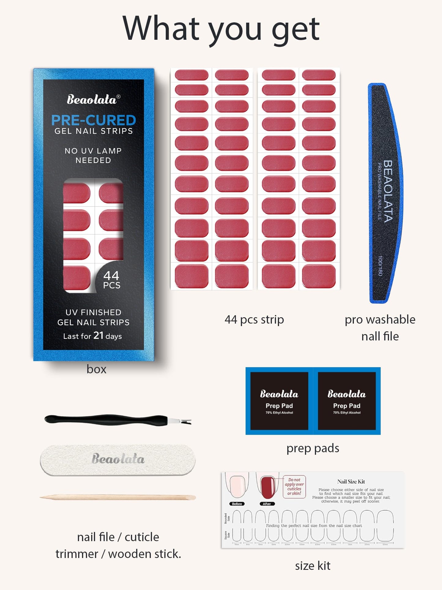 Beaolata Real Gel Nail Strips (No UV Light Needed) - 44Pcs Salon Quality Nail Stickers - Long Lasting Polish Wraps for Women, Easy Apply & Remove (Chrome Ribbon Red)