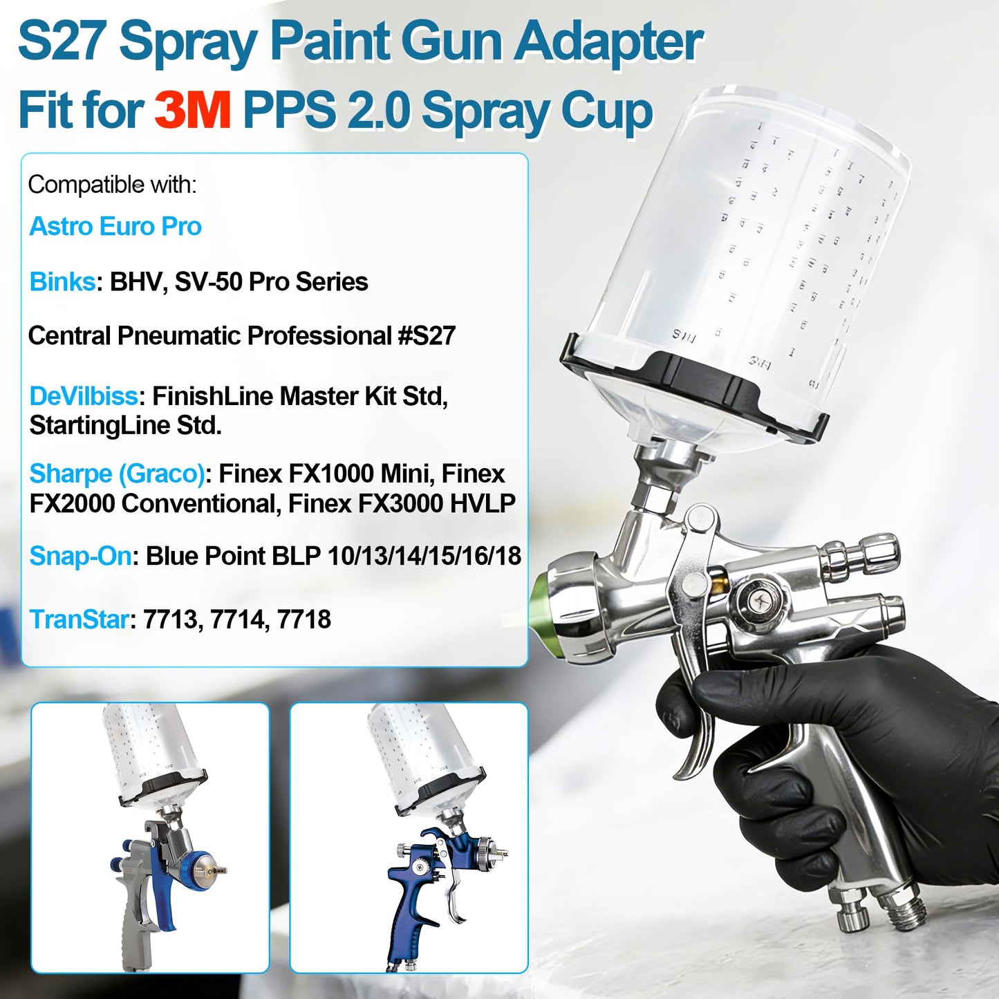 Dinlon Spray Paint Gun Adapter#S27, 26119 Spray Gun Adapter Fit for 3M PPS 2.0 Spray Cup System, 16 mm Male 1.5 mm Thread Adapters Compatible with Graco Snap-On TranStar DeVilbiss Binks Matco Spray