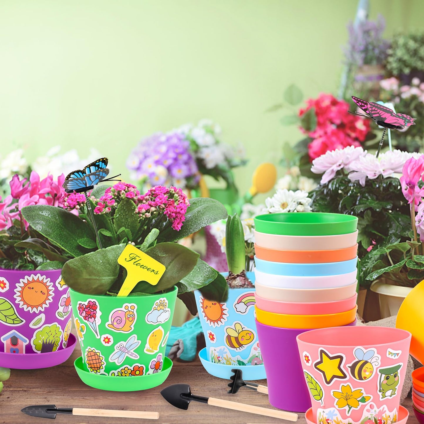 Aweyka 32 Set Garden Plastic Pot Craft Kit DIY Flower Plant Crafts Nursery Pots with Stickers Flower Planting Growing Kit for Spring Summer Home Classroom School Creative DIY Art Project Activities