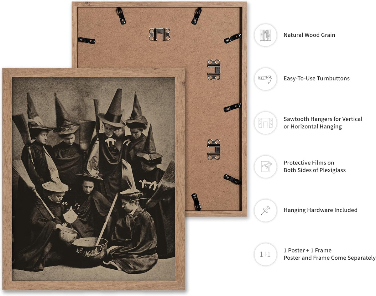 Poster Master Vintage Photograph Poster - Retro Halloween Print - Gift for Artist, Friend - Witches Cooking, Pointy Hats, Broomsticks, Black Magic - Wall Decor for Bedroom, 8x10 Beige Framed
