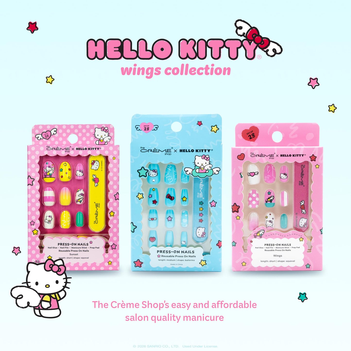 The Crème Shop x Hello Kitty Wings Collection Press On Nails, Short Squoval Shape, 28 Nails Kit with Glue and Tools (Wings Pink)