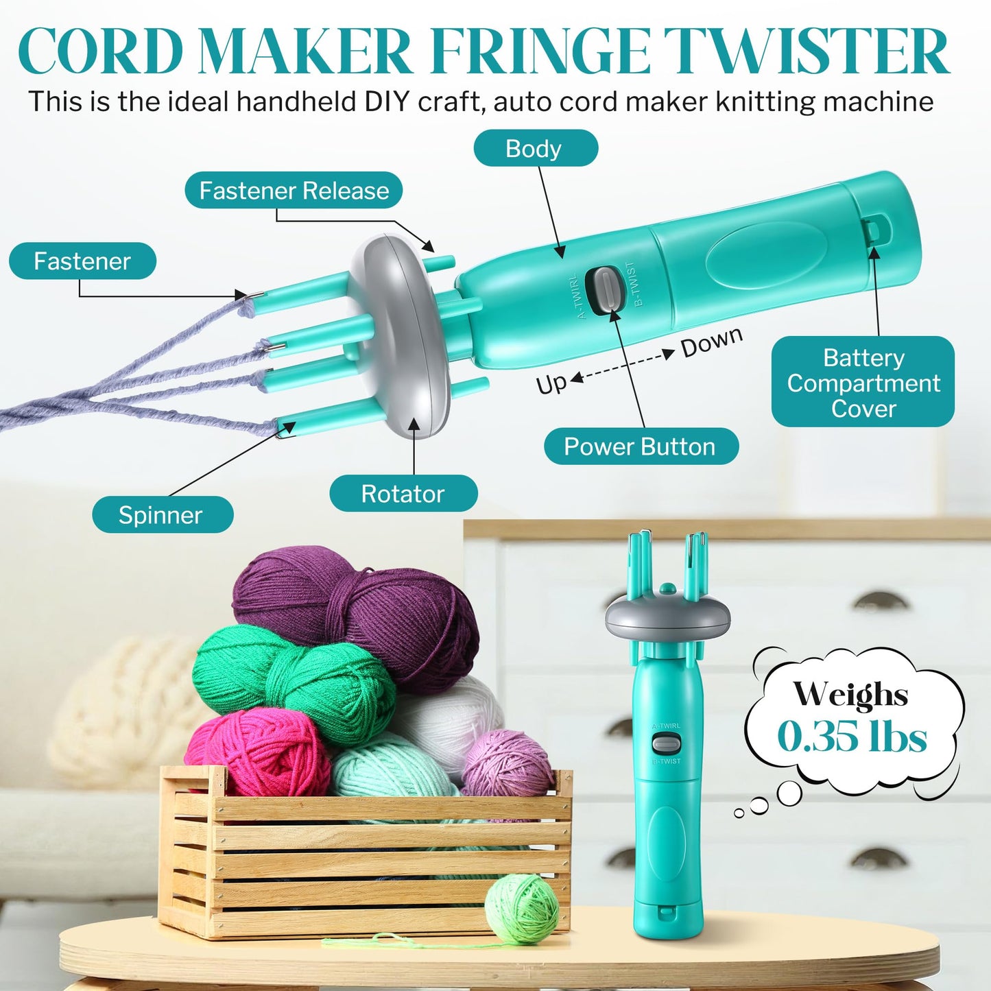 Enhon Cord Maker Portable Fringe Twister, Handheld Cord Maker for Craft Yarn Making Twister for Beginners (Patent Pending) (Green)
