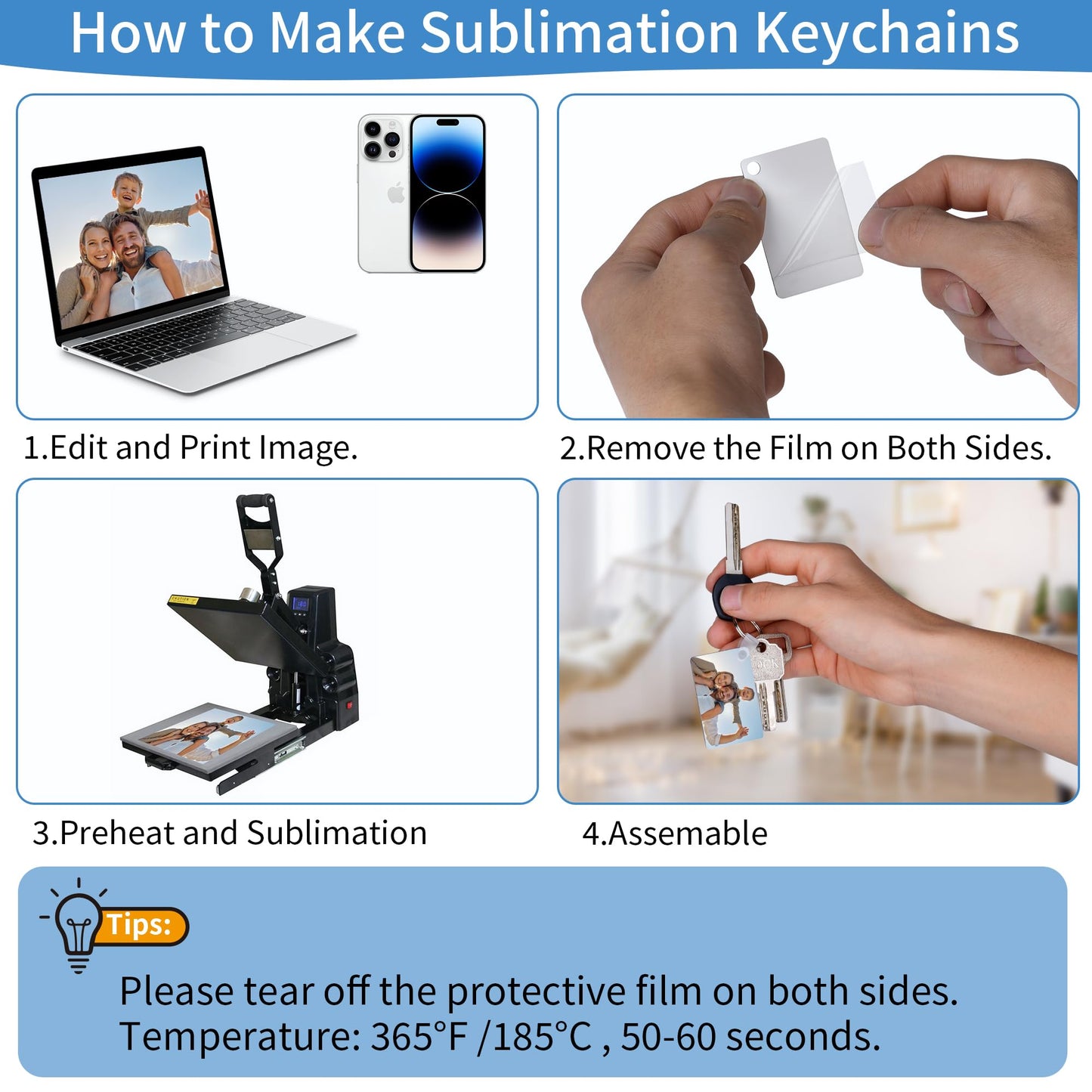 Merkisa 150 Pcs Sublimation Keychain Blanks – Double-Sided Heat Transfer Blanks 50 Set with Rings & Clips, Clear Film– DIY Bulk Blank Keychains for Crafts, Personalized Gifts (Rectangle)