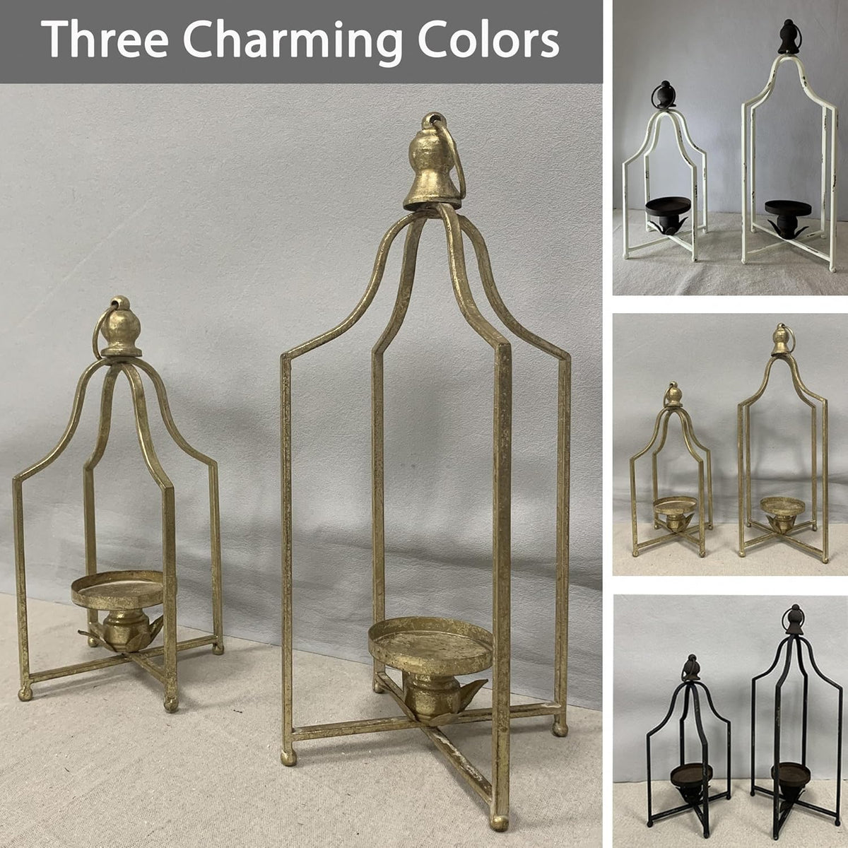 Large Tall Shabby Chic Lanterns Decorative Indoor Outdoor, Outside Gifts Front Porch Patio Vintage Metal Candle Holders, Fireplace Table Floor Farmhouse Rustic Decor Set of 2 (Antique Gold)